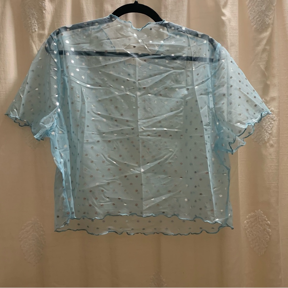 Baby Blue Mesh Crop Top with Silver Metallic Polkadots and Lettuce Trim Hem NWOT - Picture 6 of 12